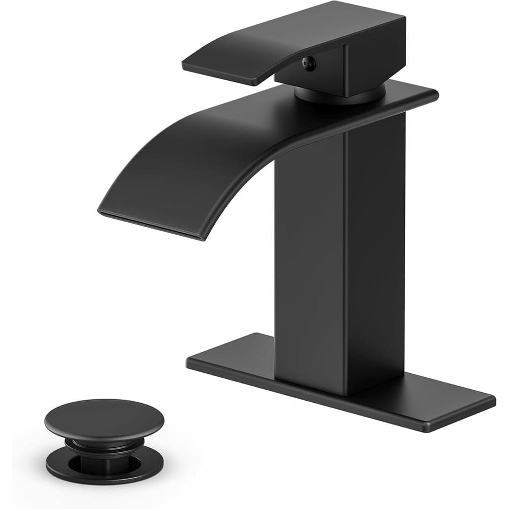 Torneira de Banheiro Ryuwanku Preta Fosca Moderna com Design de Cascata, Monocomando, Adequada para 1 ou 3 Furos, Inclui