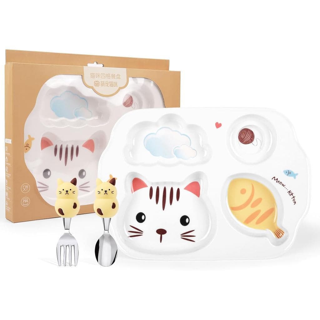 Conjunto de utensílios de mesa infantis, prato infantil com divisórias e utensílios, sem BPA.