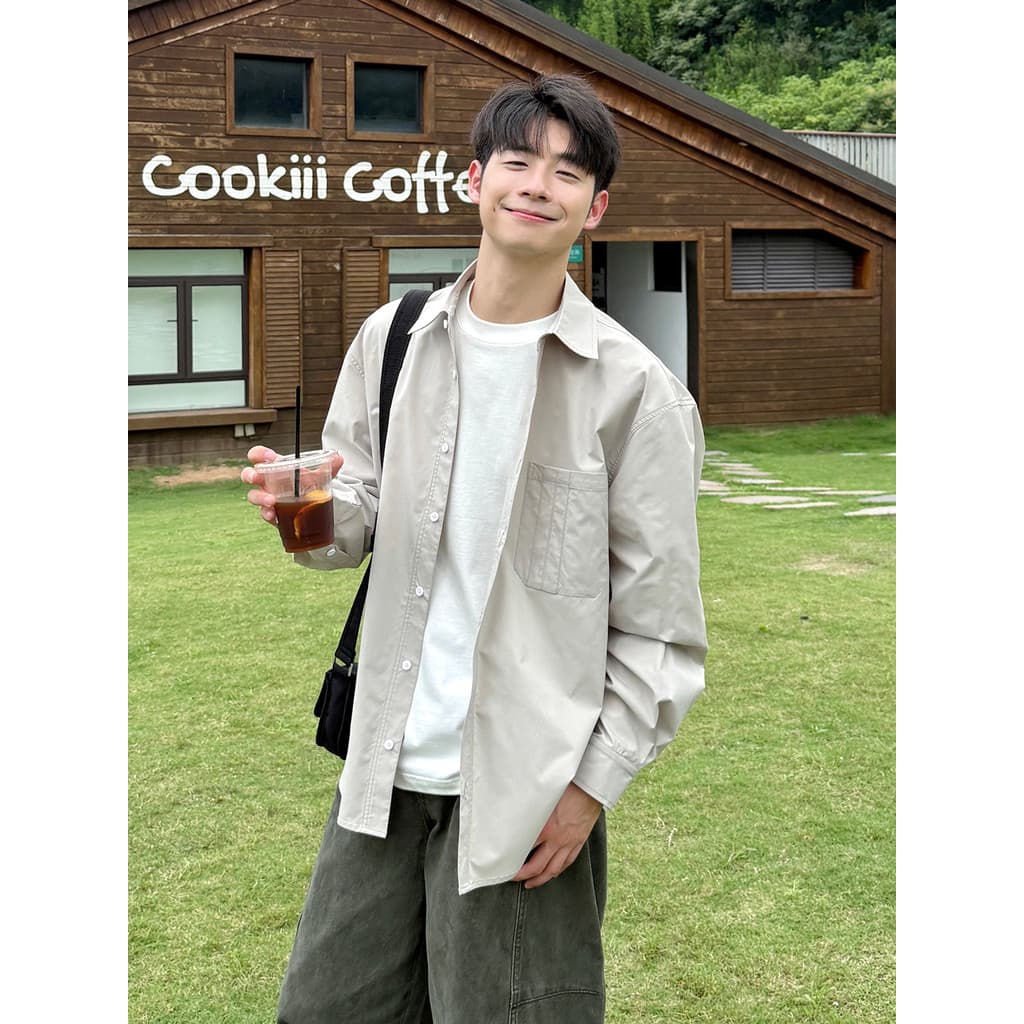 Camisa de manga comprida com lapela cinza meninos 2026 novo estilo outono exterior camisa de cor sólida solta Workwear j