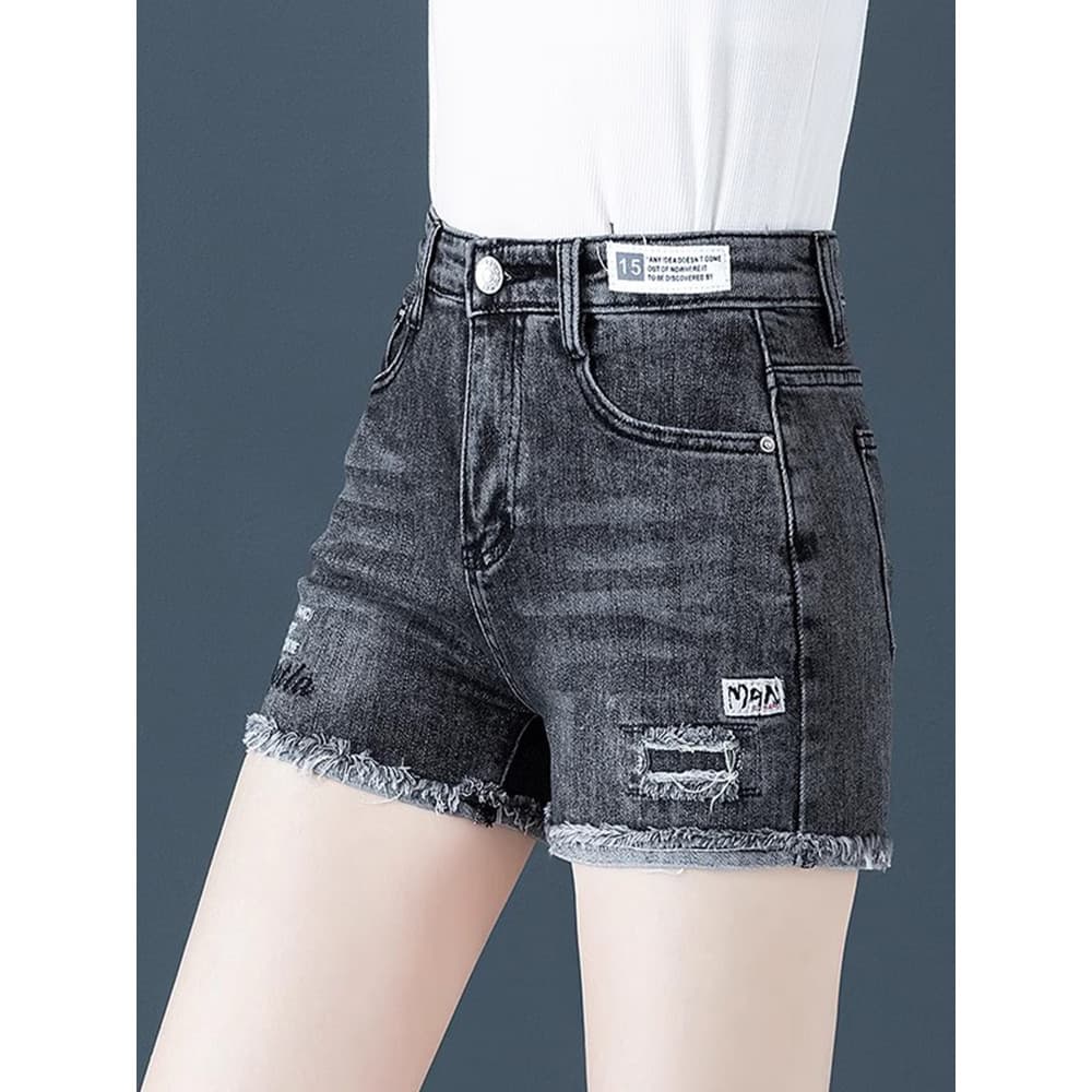 Shorts jeans femininos 2026 verão novo estilo cintura alta estilo fino mais magro olhar a linha rasgado perna larga calç