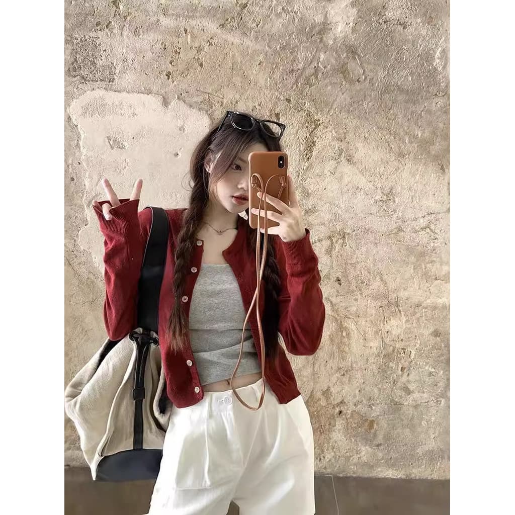 Cardigan de malha vermelho exterior Wear primavera outono feminino novo estilo 2025 High-End camisola jaqueta de manga c