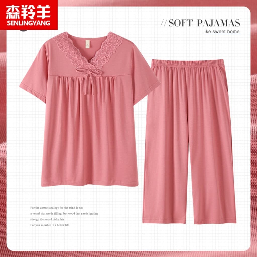 Pijama Modal feminino algodão puro verão manga curta calças cortadas finas meia-idade El