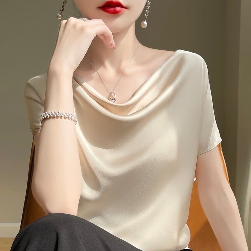 High-End acetato francês Swing colarinho de manga curta topo feminino verão solto sem mangas seda cetim pilha gola camis