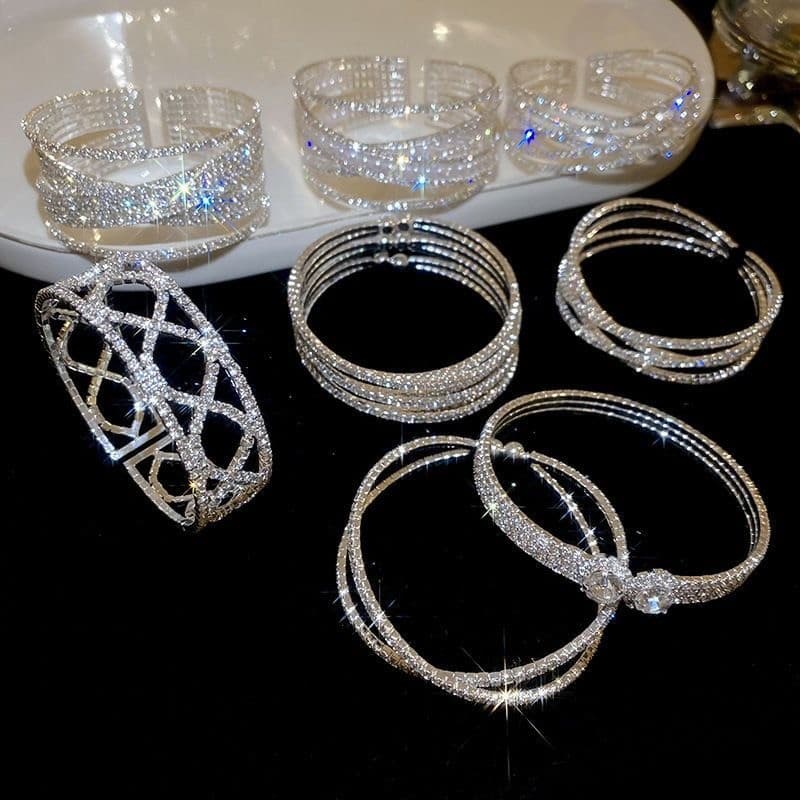 Pulseira Feminina Luxo Strass Ajustável Multi Camadas Bracelete Elegante Brilhante
