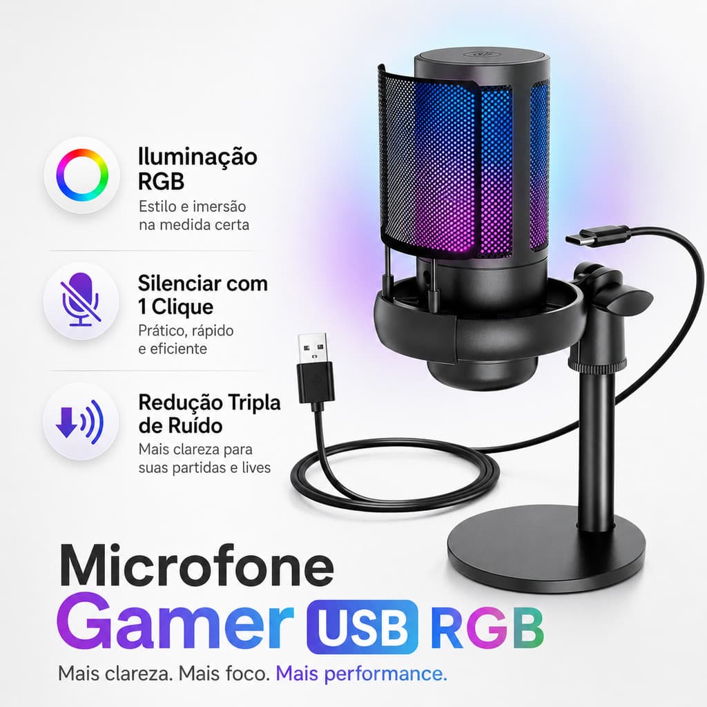 Microfone Gamer Condensador RGB – Alta Sensibilidade para Podcast e Gravações