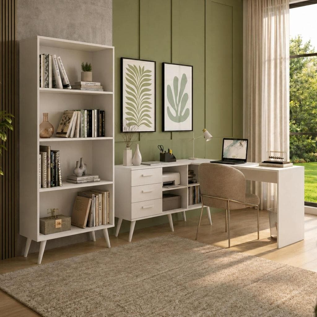 Kit Escrivaninha em L com Estante Multiuso e 3 Gavetas Línea Office Multimóveis MP6081