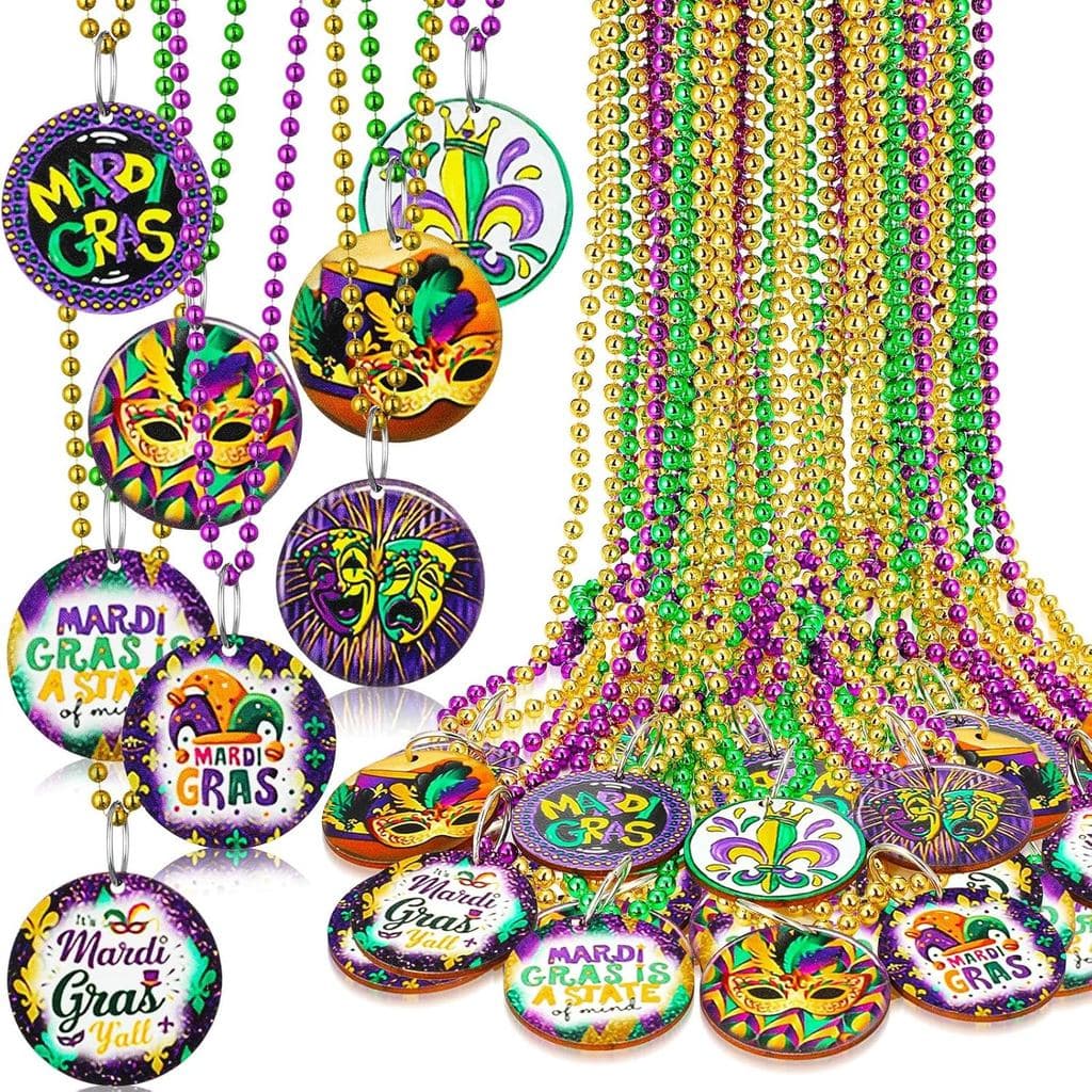 Soulchen 24 Peças de Colares de Contas de Mardi Gras em Lote, Colares de Medalhão de Mardi Gras para Desfile, Personaliz
