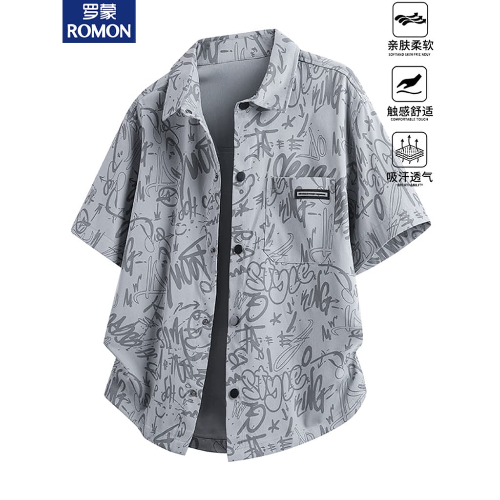 Lomon verão na moda Graffiti impressão completa camisa de manga curta masculina solta All-Match tamanho grande leve cami