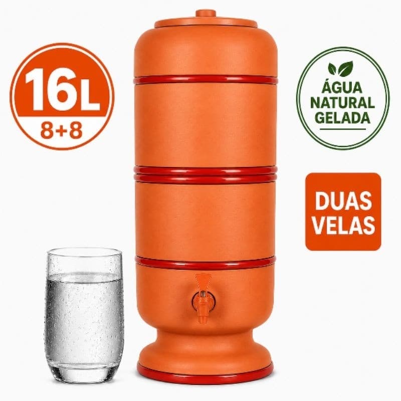 Filtro de Barro Purificador 16 Litros(8+8)- com 2 Velas - Água Gelada Natural - Premium