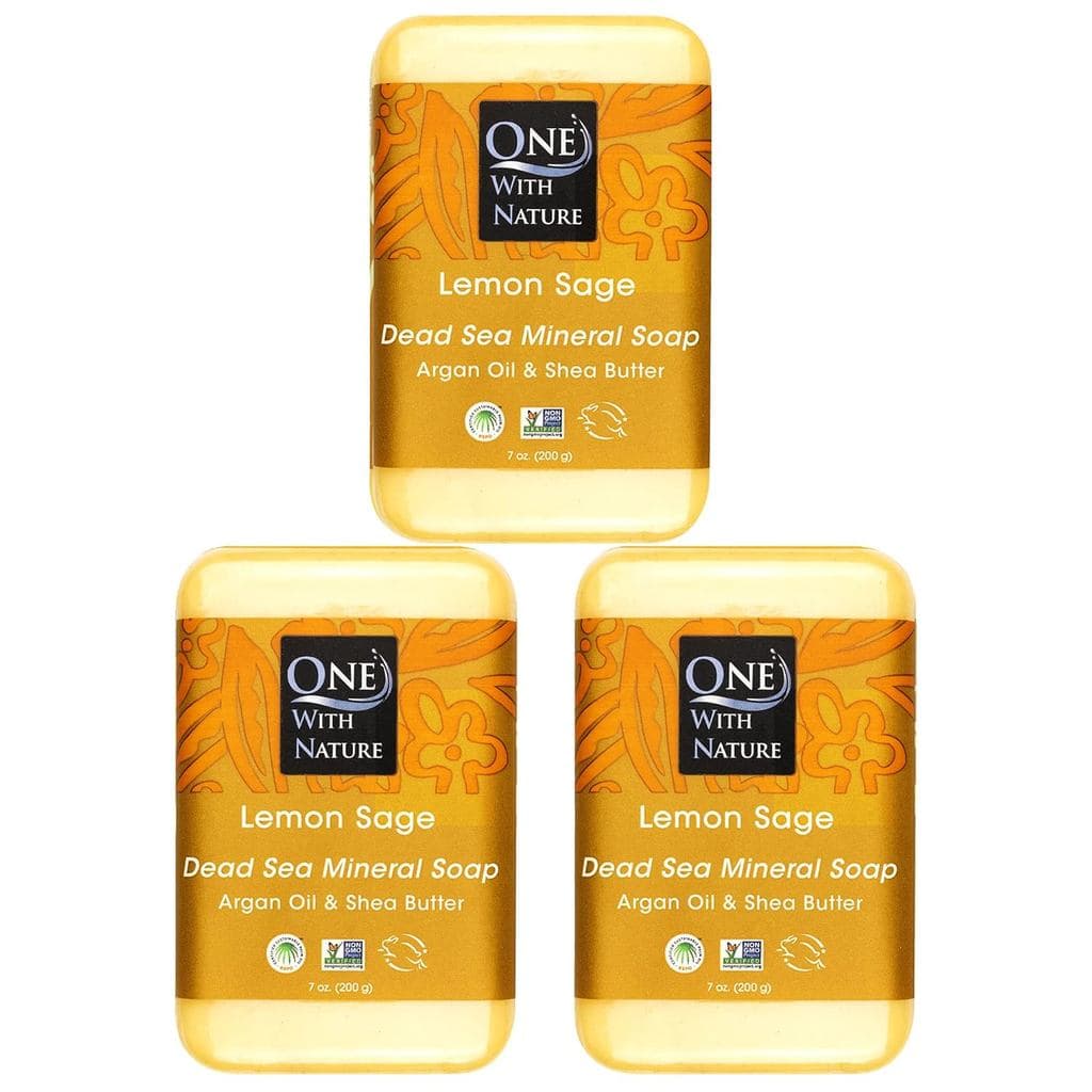 One With Nature Sabonete de Sal do Mar Morto com Limão e Sálvia 7oz 3-Pack – Sabonete em Barra Purificante e Esfoliante