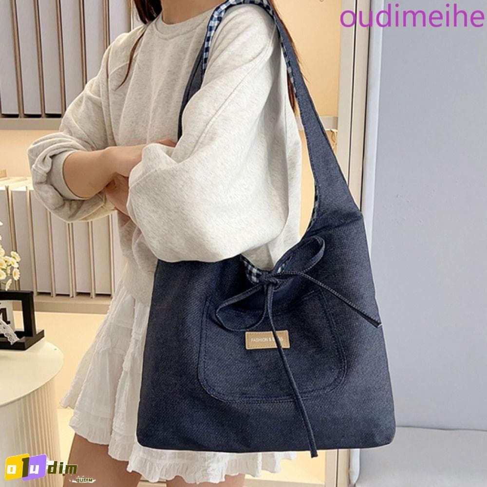 OUDIMEIHE Bolsa De Colete Jeans Xadrez Dupla Face , Ombro De Lazer Em Treliça , Estilo Japonês