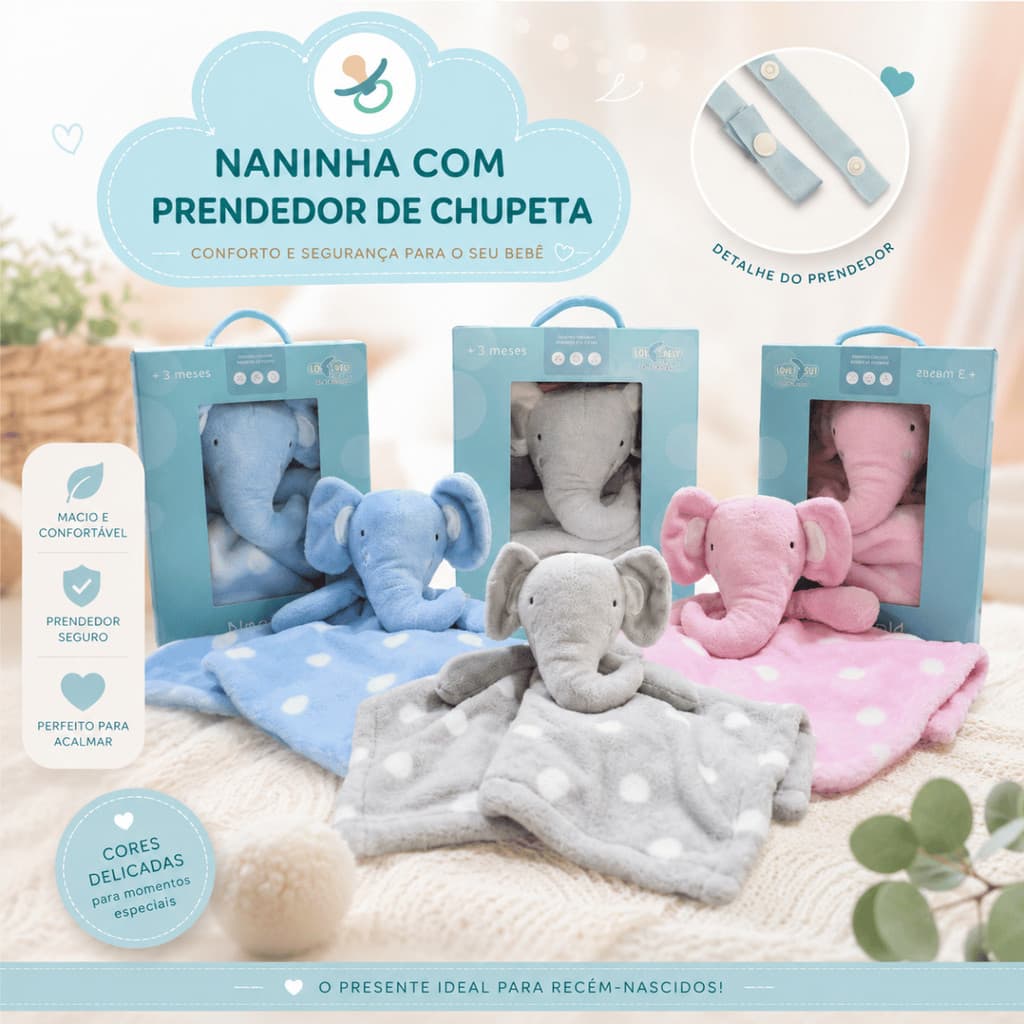 Naninha Bebê com Prendedor de Chupeta - Safari Elefante - 36 x 36 cm - Conforto para seu bebê Aconchegante