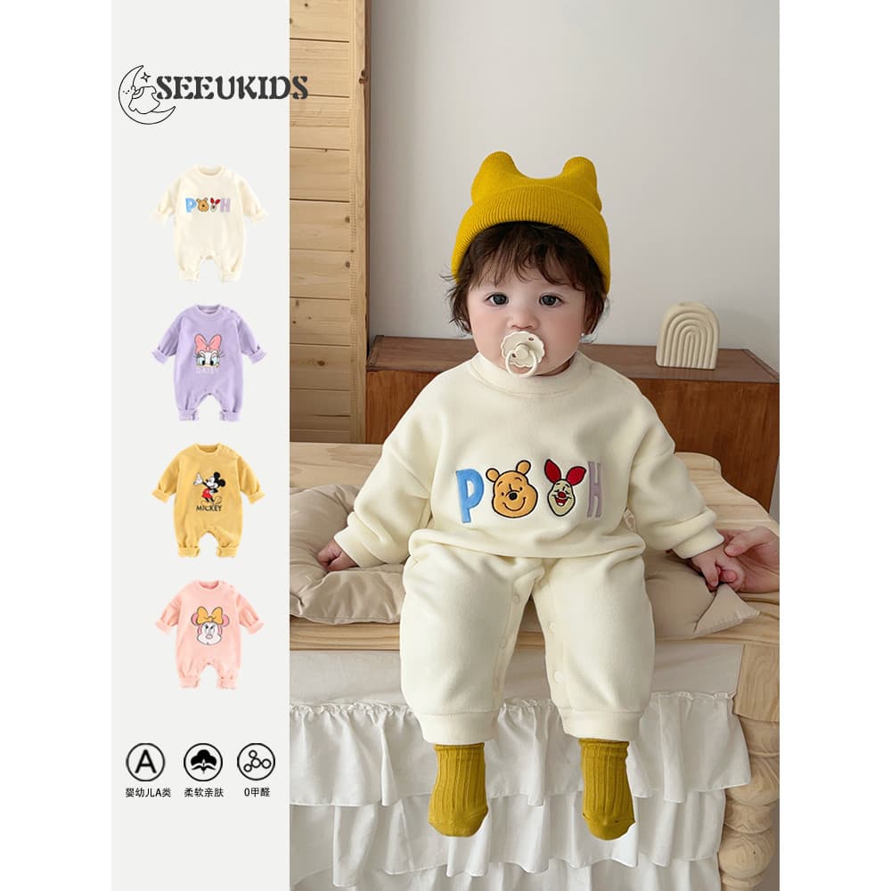 Estilo dos desenhos animados macacão de bebê masculino velo impresso macacão creme INS estilo Outing roupas