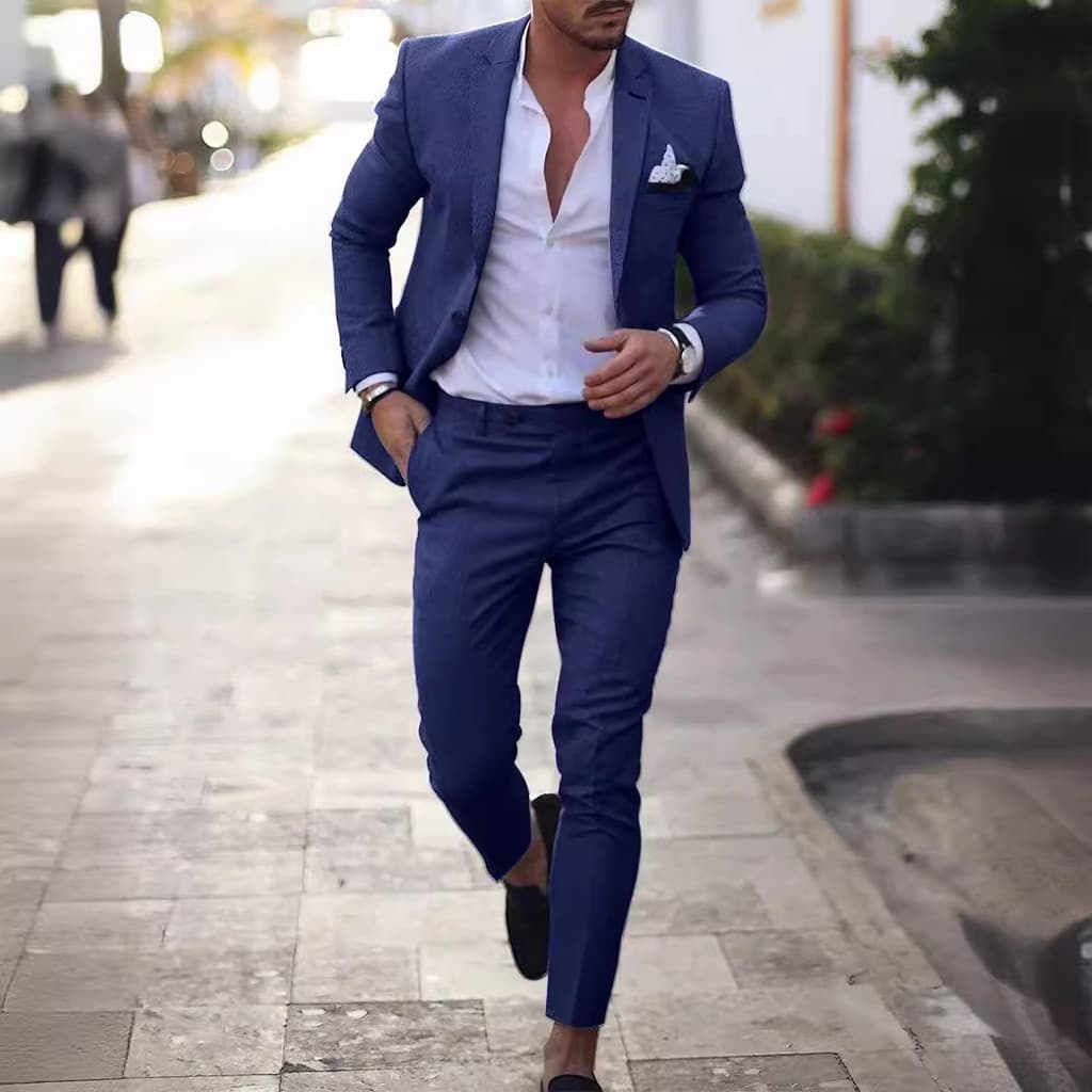 Terno de linho azul escuro terno masculino negócios Formal Wear Casual primavera verão fino algodão linho terno vestido