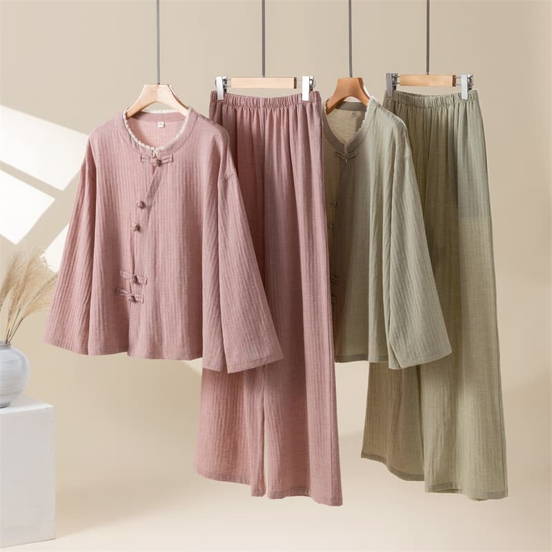 Estilo chinês pijamas femininos primavera outono estilo puro algodão fivela estilo chinês casa Casual de manga comprida