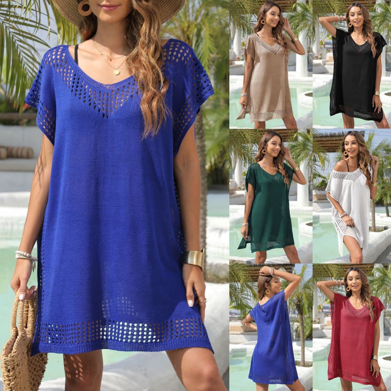 Blusa com decote em V oco costura solta europeu americano senhoras vestido beira-mar férias praia vestido