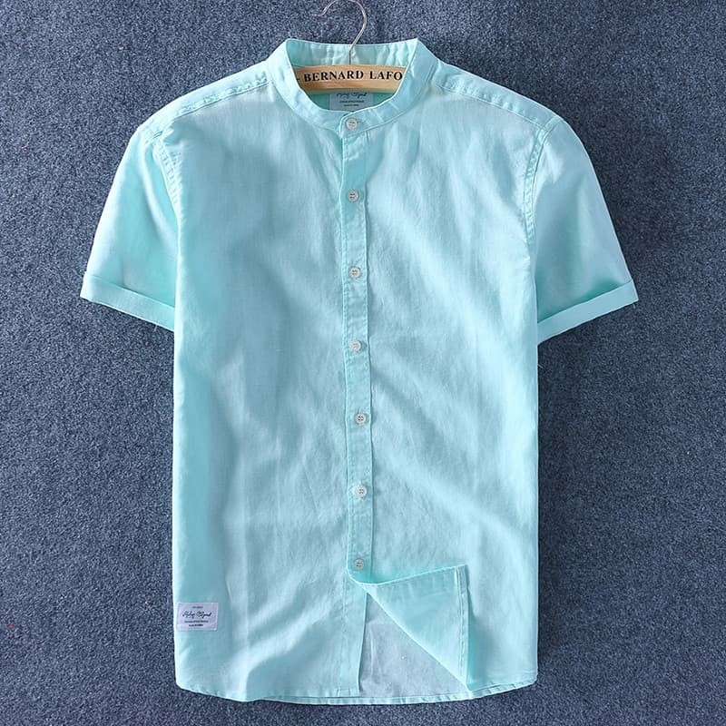 Sabaqi estilo fino gola alta linho camisa de manga curta masculina versão coreana em torno do pescoço algodão linho verd