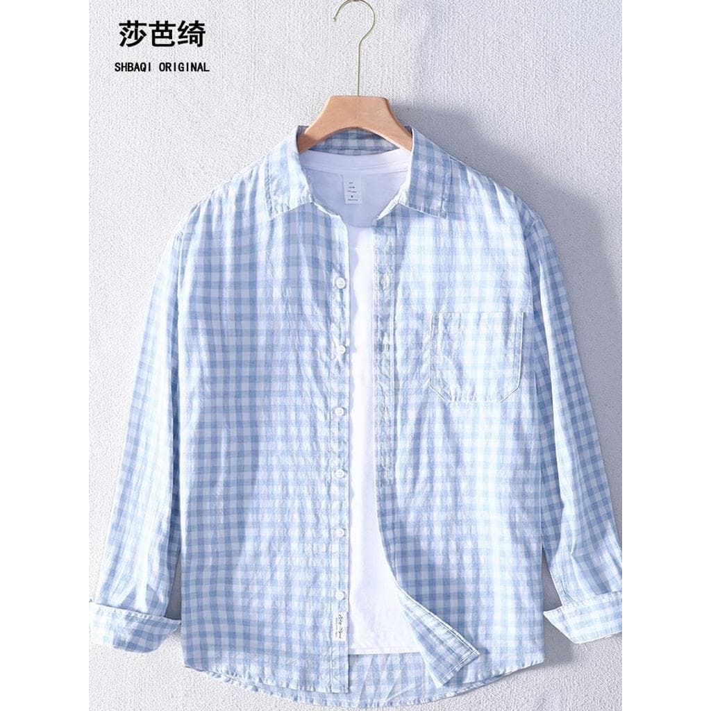 Sabaqi primavera verão fino camisa masculina puro algodão fino verificado camisa das mulheres dos homens casais Casual d