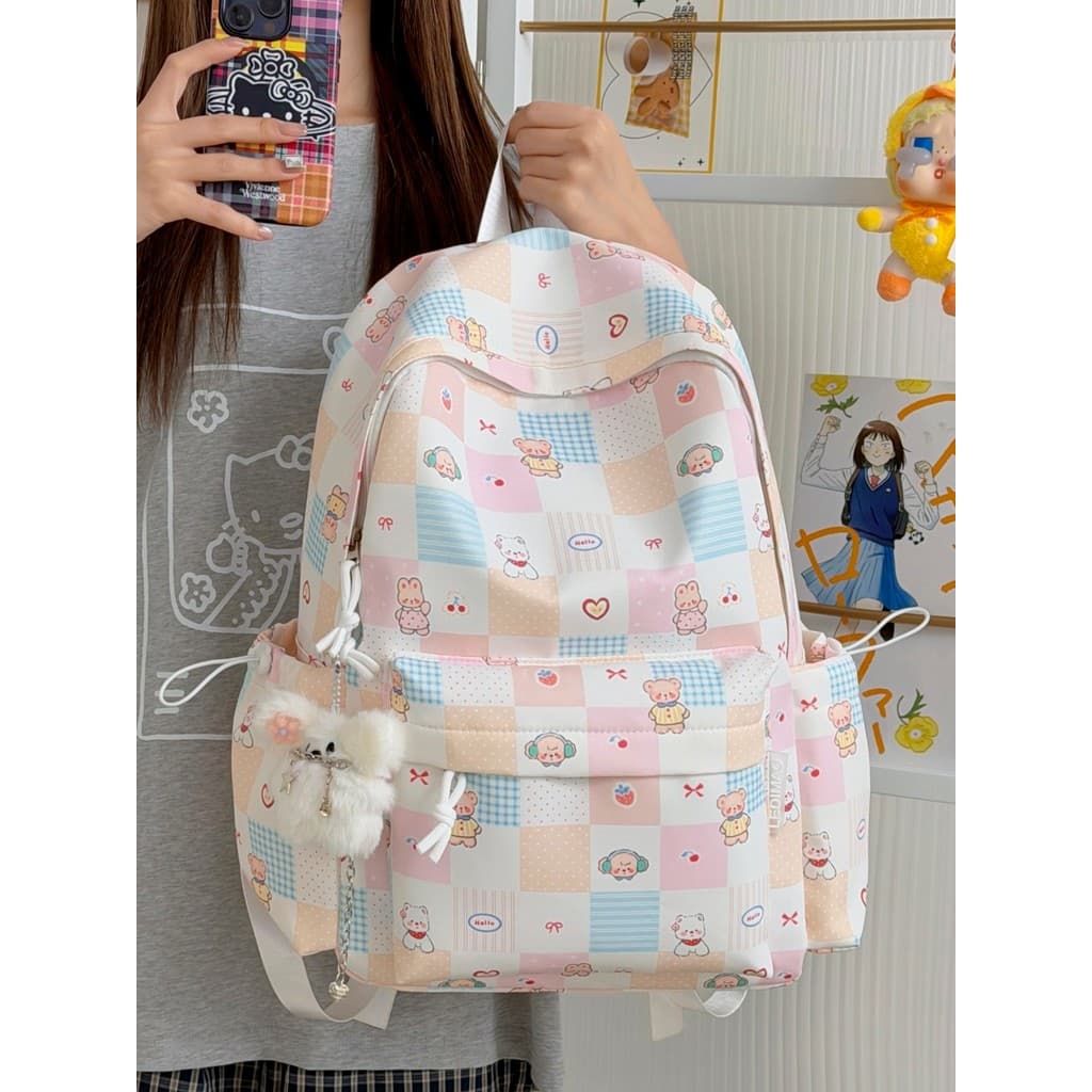Japonês treliça urso impressão mochila feminina júnior escola secundária estudante universitário menina saco de escola b