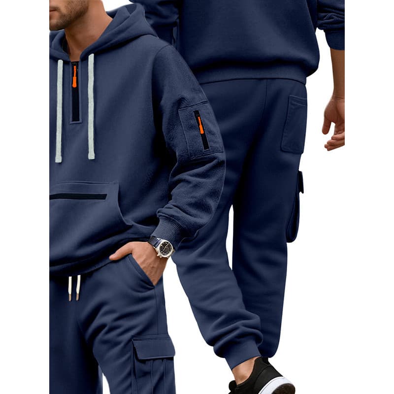 Conjunto de roupas esportivas masculinas tamanho europeu mais veludo cor sólida solto Casual esportes Multi-bolso ferram