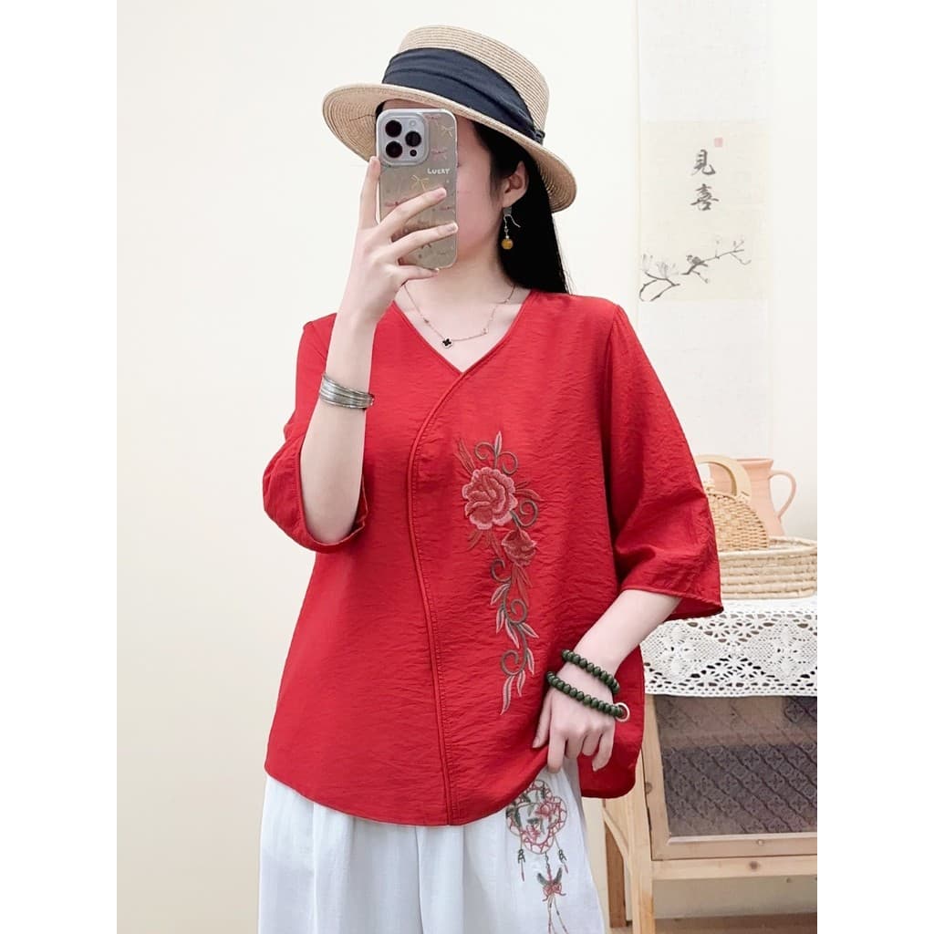 Mori estilo camisa bordada feminina algodão linho solto topo estilo chinês botão bordado verão All-Match literário Retro