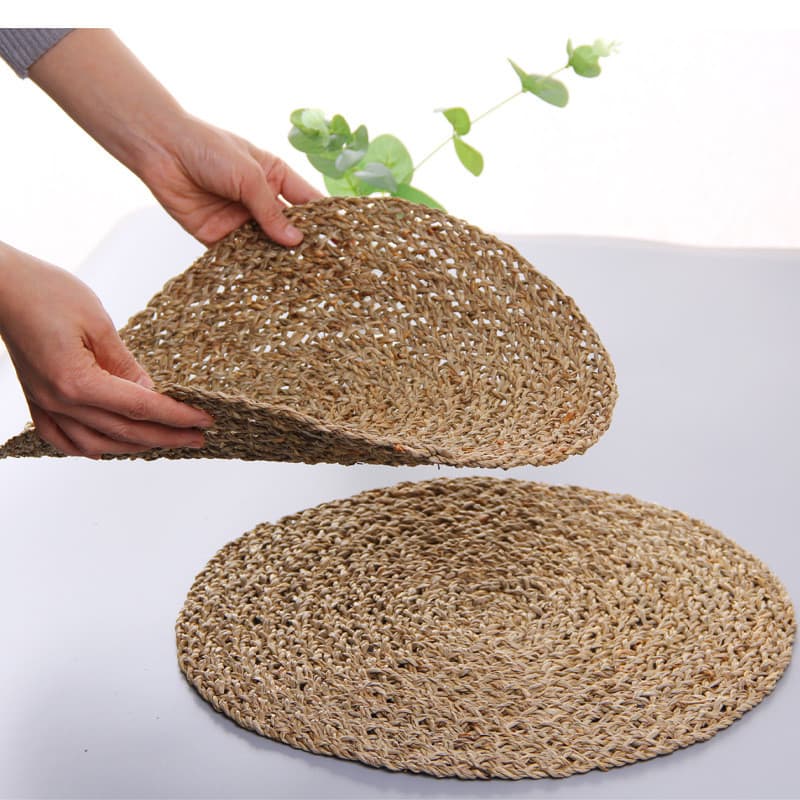 Estilo japonês redondo plantas aquáticas naturais mão-tecido mesa almofada de isolamento vaso de flores Retro almofada d