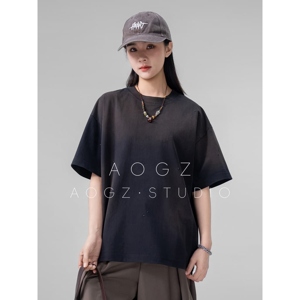 AOGZ frisado gradiente americano de manga curta camiseta masculino feminino verão perfil solto americano High Street Bot