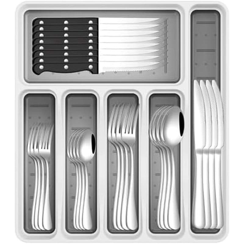 Conjunto De Talheres De 49 Peças Com Organizador , Utensílios Aço Inoxidável Para 8 , Garfos E Colheres Facas De Bife ,