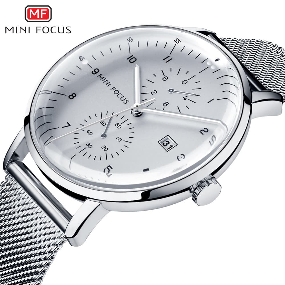 MINI FOCUS Vidro Curvo Moda Masculina Relógio Casual Pulseira de Fio de Aço Relógio de Negócios de Quartzo Masculino 052