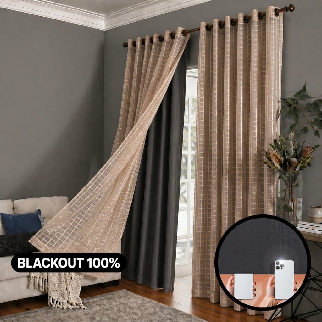 Cortina Blackout Blecaute 100% Corta Luz com Tecido Voil Xadrez com ilhós Sala e Quarto Janela e Porta Balcão EDDI Casa