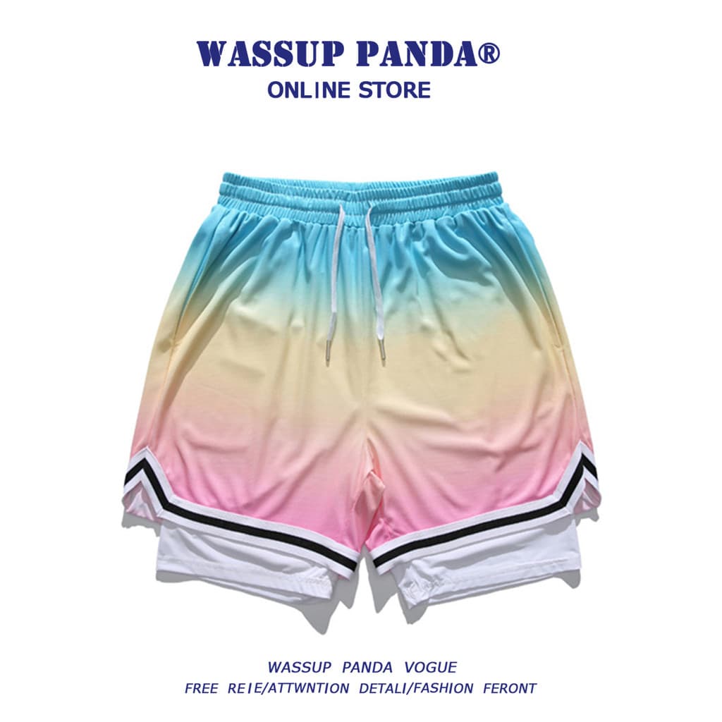 WASSUP PANDA Gradiente Seda Gelo Falso Shorts de Basquete de Duas Peças Homens Verão Street Wear Calças Esportivas Solta