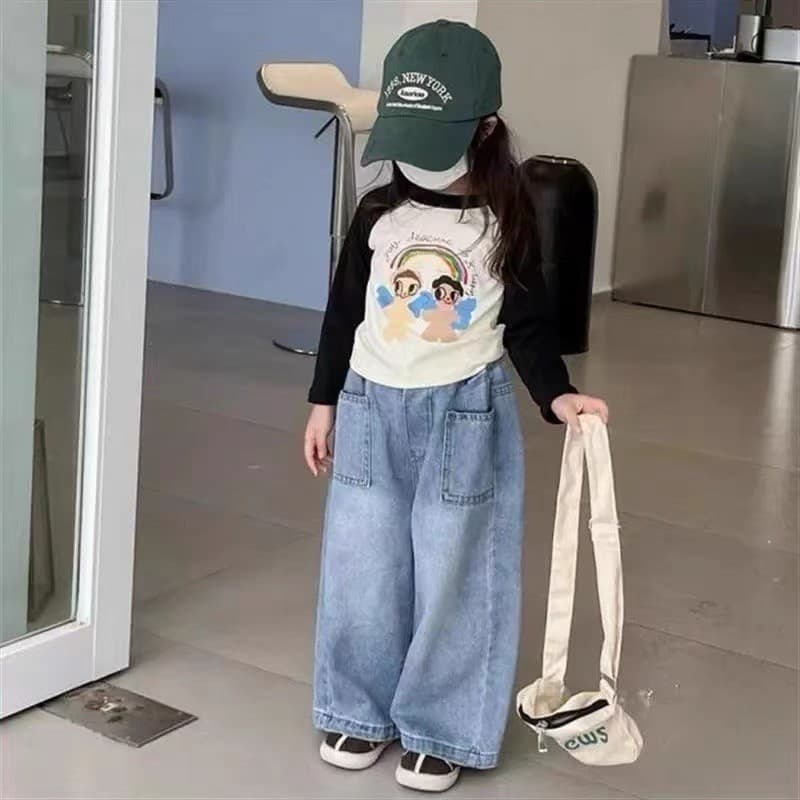 2026 primavera novo estilo impresso cor combinando camiseta de manga comprida bebê Casual grande bolso Jeans conjunto de