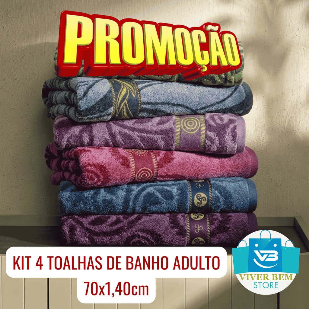 Kit 4 Toalhas de Banho Grandes em Algodão Soft Estampadas 70x140cm – Macias e Confortáveis