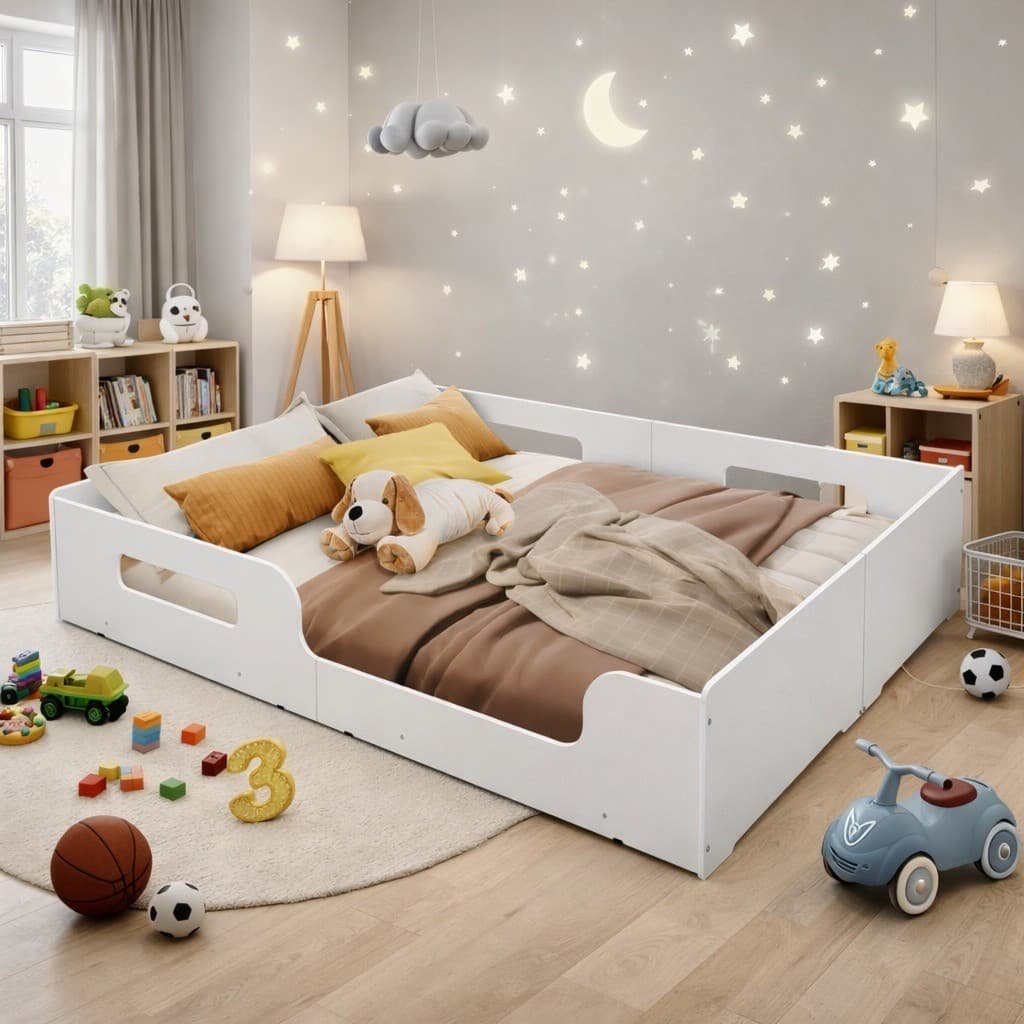 Cama Casal Montessoriana Infantil Princesa Grade de Proteção Lateral Menino Moderna MDF - Branco
