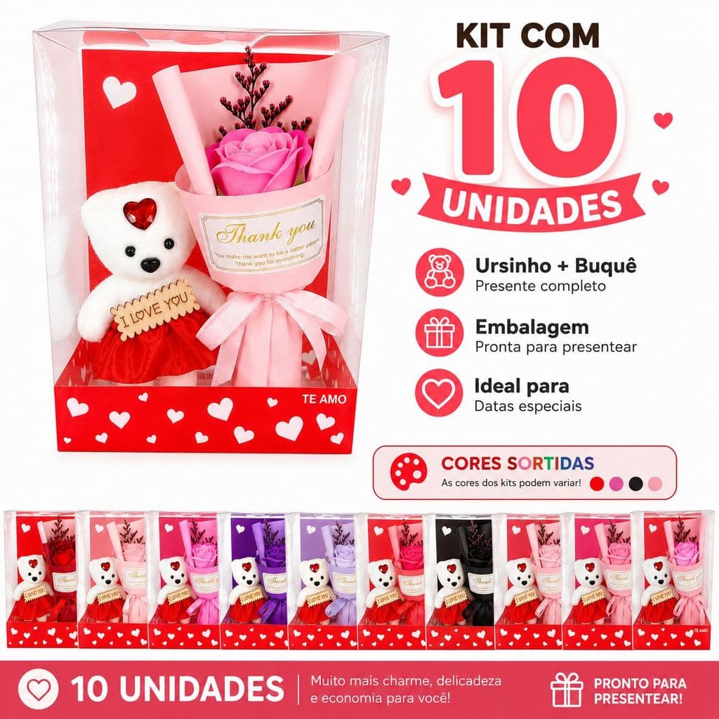 Kit 10 Flor de Botão Ursinho na Caixa Para Presente Dia Dos Namorados Flores Artificiais Sabonete