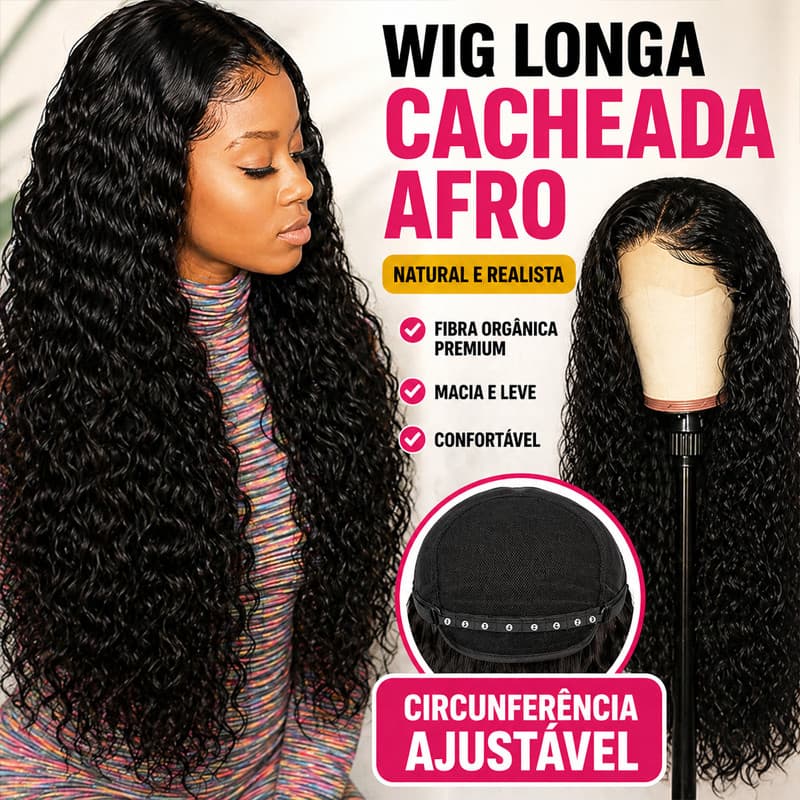 Peruca Wig Longa Cacheada Afro Preta Fibra Orgânica Premium Natural Realista Macia Leve Confortável