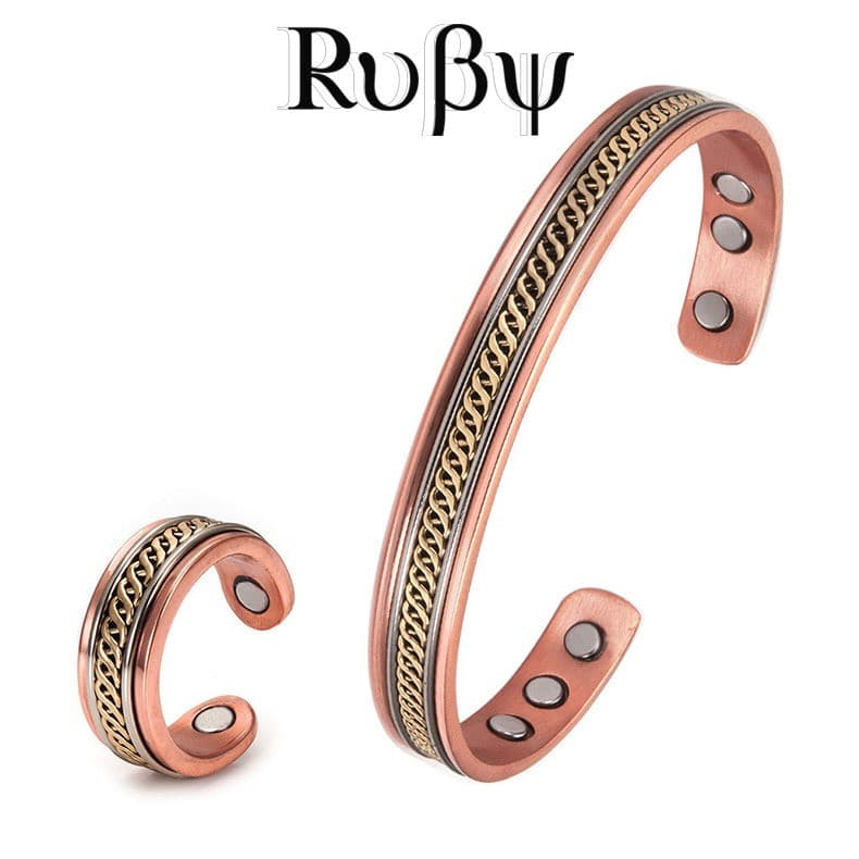 Ruby* Conjunto Unissex de Anel e Pulseira Magnéticos de Cobre Vermelho, com Abertura Ajustável em PU Cobre 5NP2