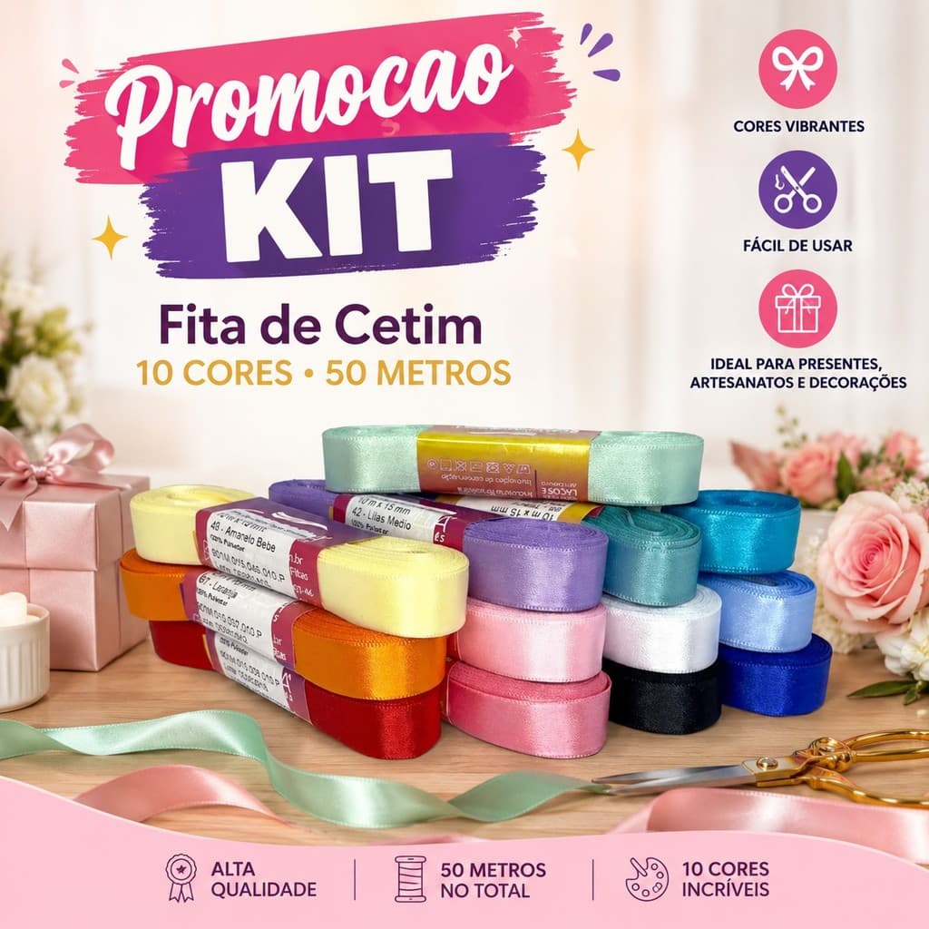 Kit Fita de Cetim 10 Cores 50 Metros Para Laços Artesanato Decoração Presente Costura