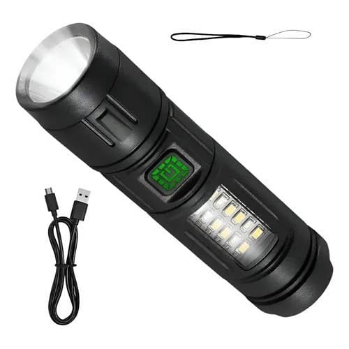 Lanterna Tática Recarregável Usb Com Luz Lateral Led 1000lm À Prova D'água Branco Preto
