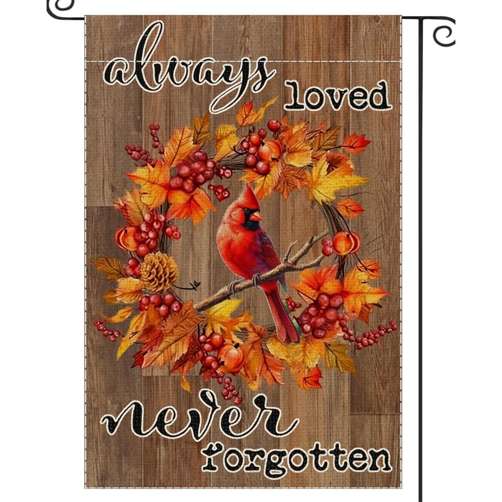 Cardinal Memorial Garden Flag Fall Wreath Always Loved Never Forgotten 12x18 Inch Small Flags, Double Sided Outside Memo