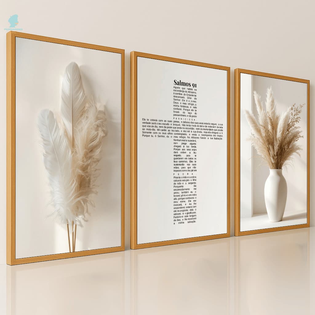 Quadros Decorativos Trio Salmos 91 Vasos com Ramos Religioso Luxo Sala Quarto