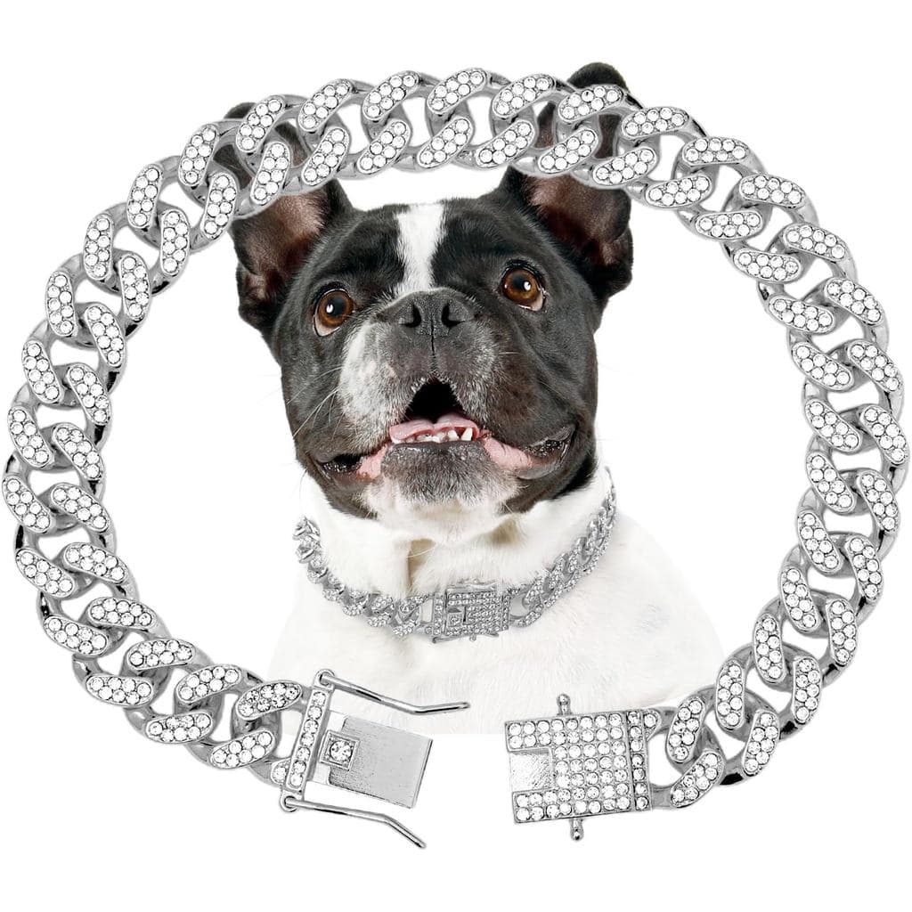 Coleira de Corrente para Cães, Colar de Prata para Cães, Coleira de Cadeia Cubana com Diamantes, 13mm de Largura, Corren
