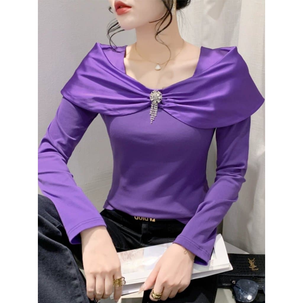 Moda pescoço quadrado oco camiseta feminina de manga comprida roupas femininas europeias chique arco topo moda magro-aju