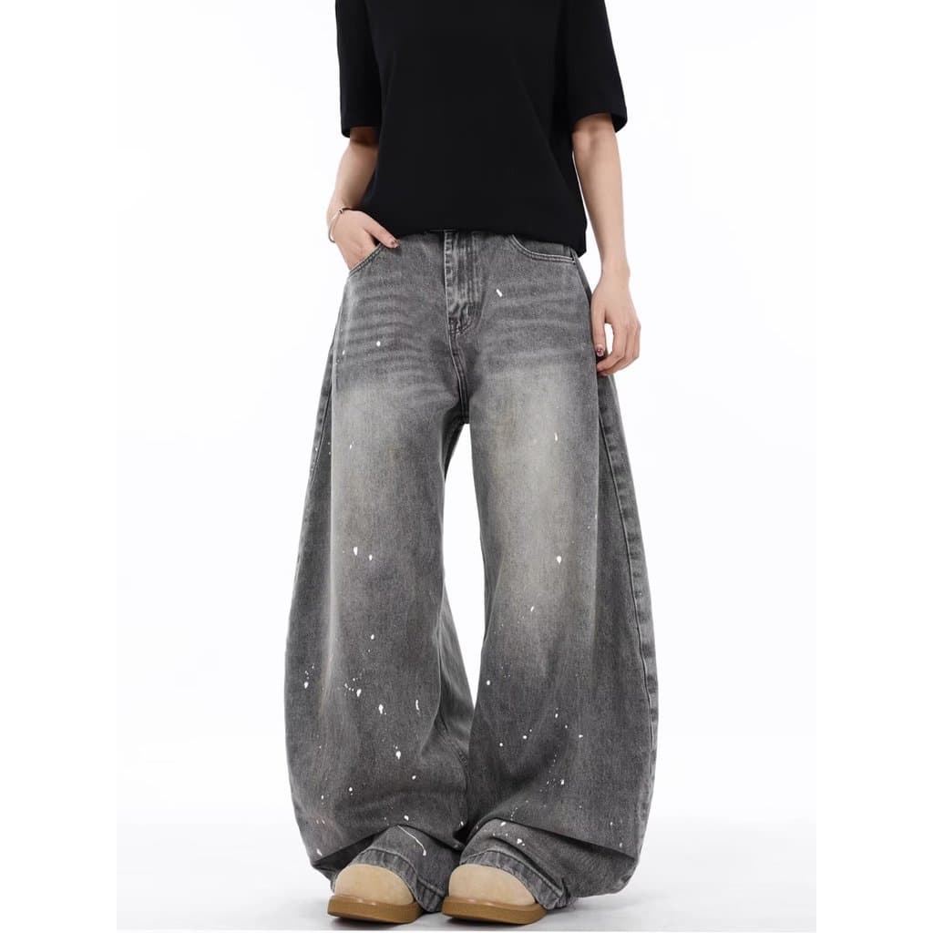 Calça jeans masculina americana retrô Splash Ink masculina solta reta perna larga calça jeans Street Wear