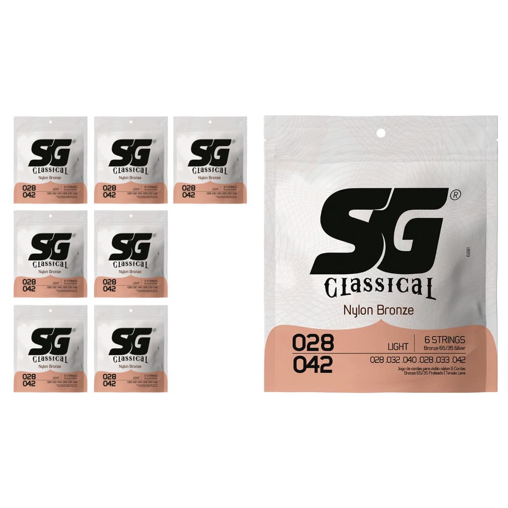 Kit 8 Encordoamento P/Violão Nylon Bronze Tensão Leve SG
