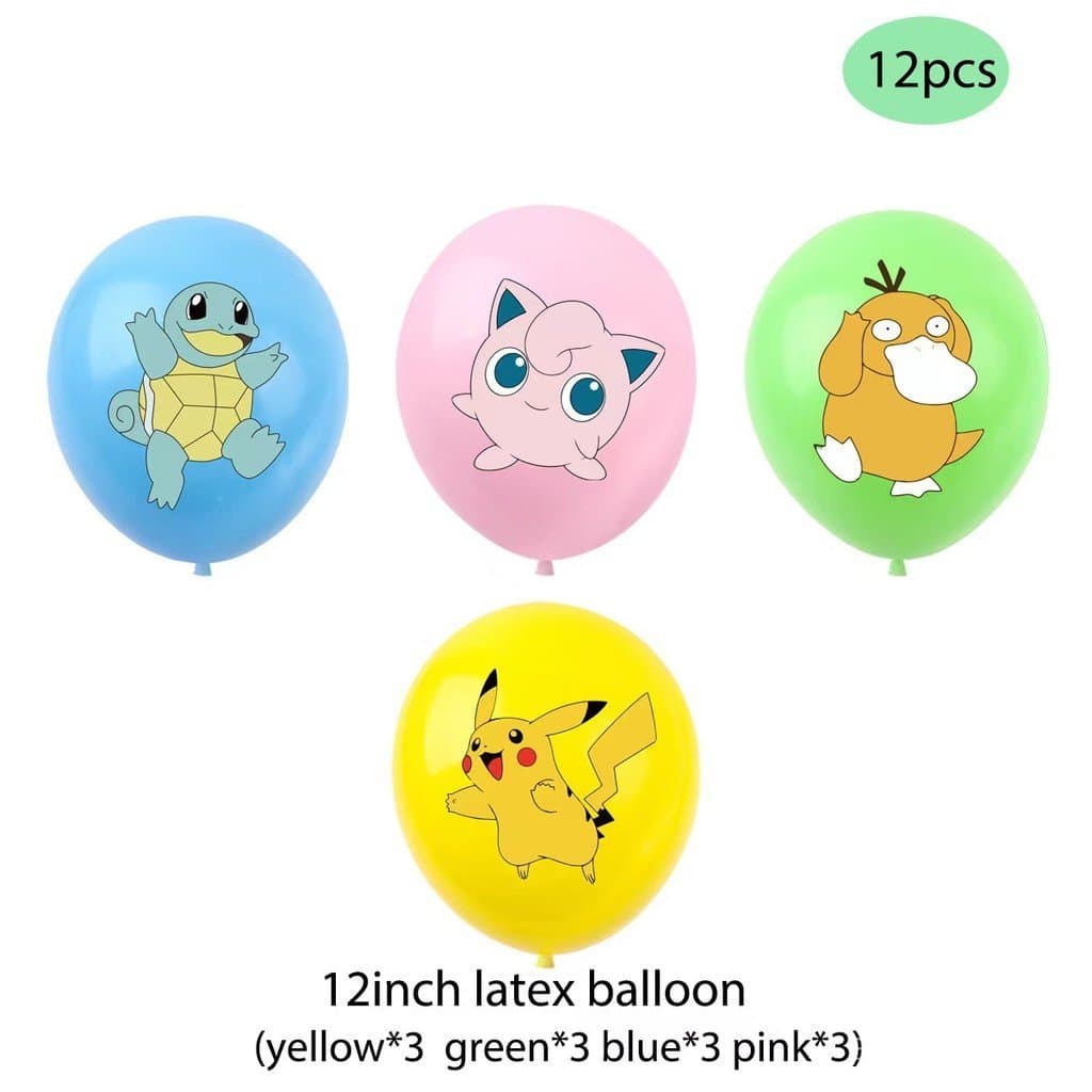 12 Balões Temáticos Pokémon para Festa, Decoração de Aniversário e Festas com Squirtle, Pikachu, Jigglypuff e Psyduck
