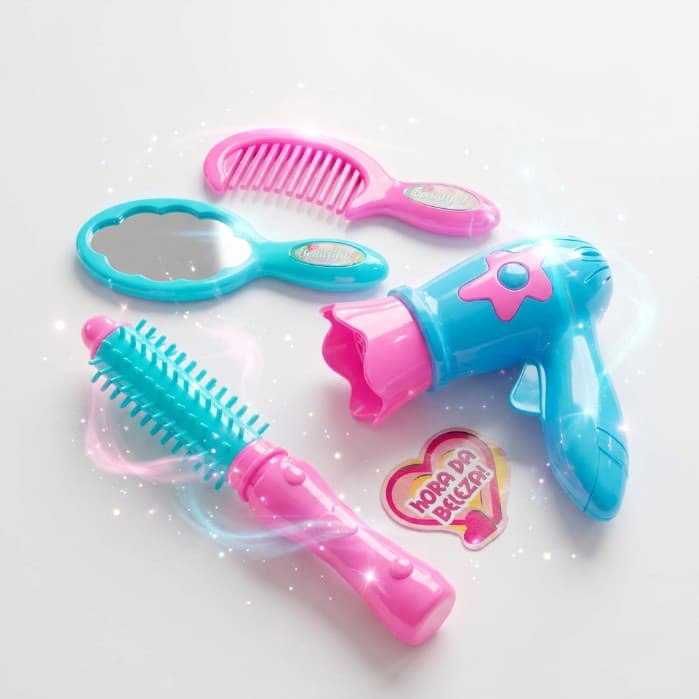 Brinquedo Infantil Kit Beleza Menina Com Secador De Cabelo Espelho Pente Escova 4 Peças