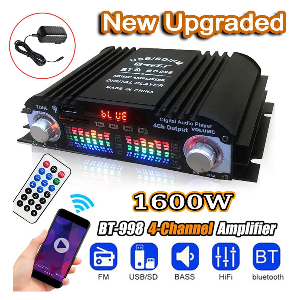 12V 1600W Amplificador De Áudio WIfi De 4 Canais Bluetooth 5.0 Usb Sd Aux Para Automotivo E Alto-falantes Domésticos