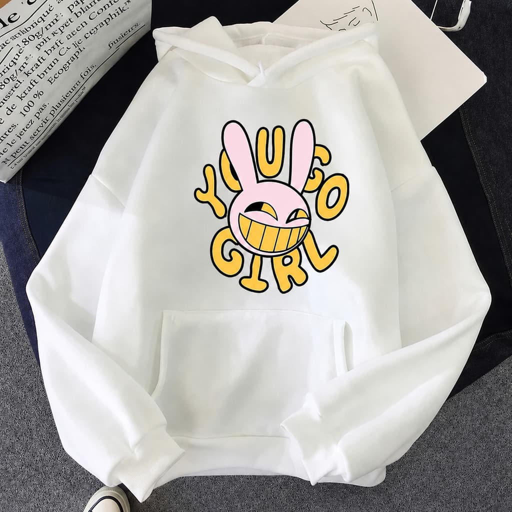 Moletom Branco Com Capuz Estampa Coelhinho Fofo Blusa Casual Inverno Feminina