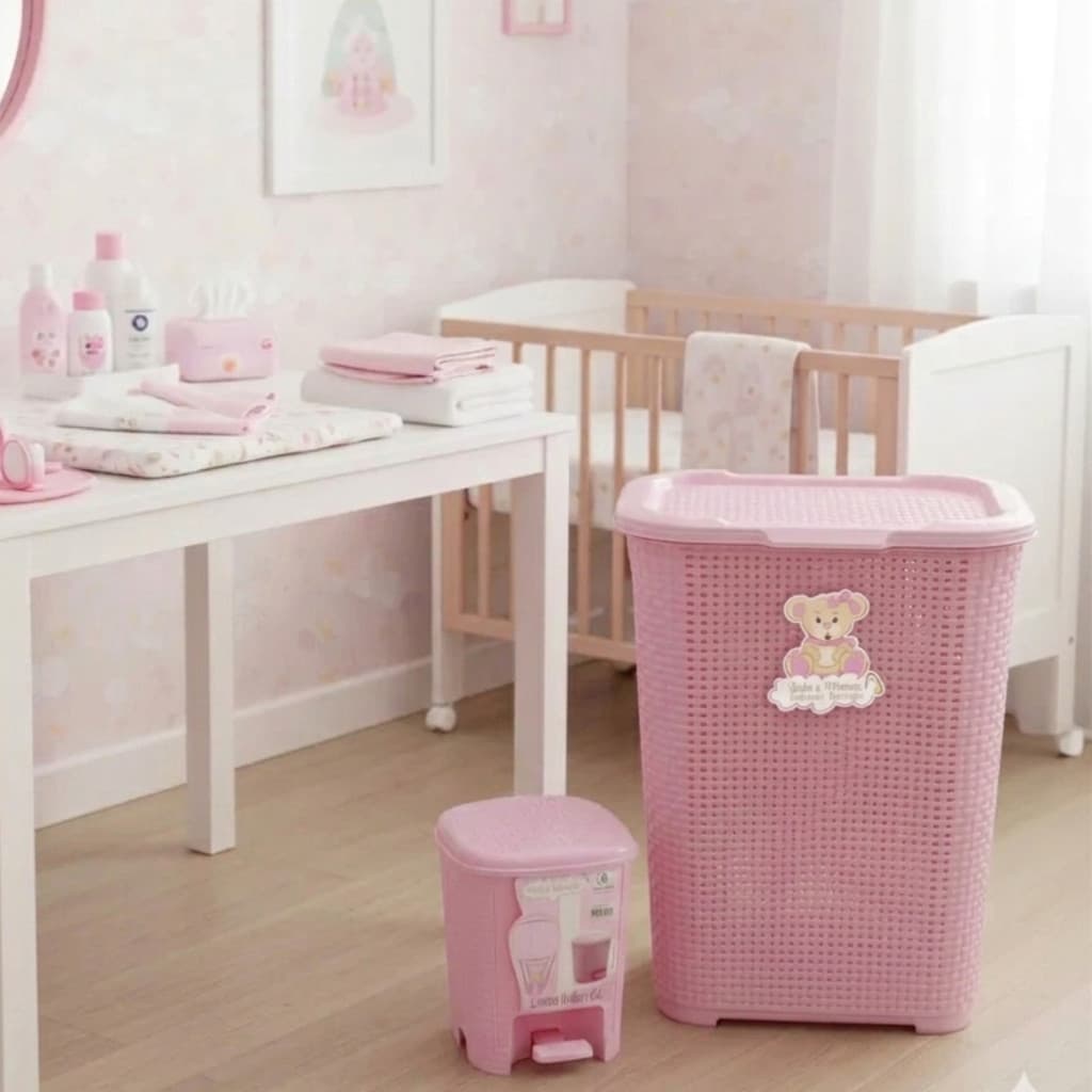 Kit Quarto Infantil Bebê Lixeira Com Pedal 6L + Cesto Roupas 30L Rosa